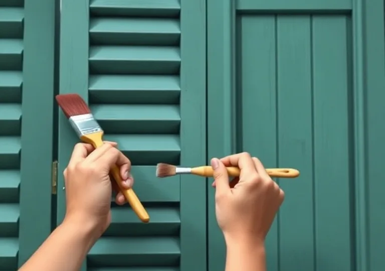 Mise en peinture au pinceau de volets et d'encadrements en bois