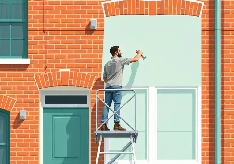 Peintre sur échafaudage traitant la façade d'une maison