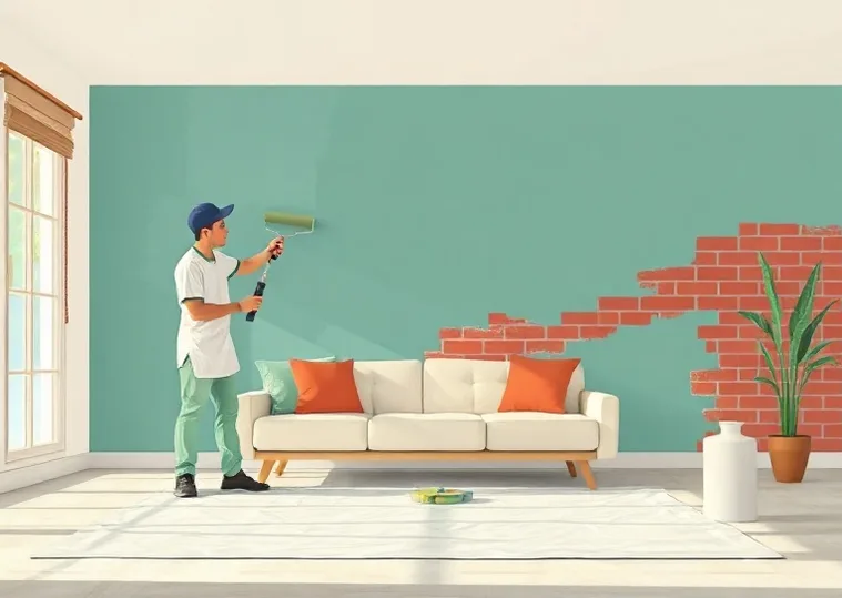 Peintre appliquant la peinture au rouleau sur un mur de salon